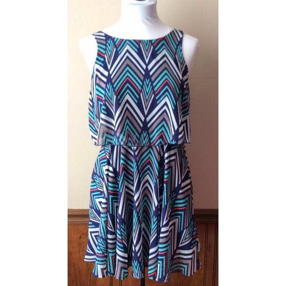 Sequin Hearts Women’s Dress Size 3 Sleeveless Chevron Design BlueTeal BeigeCoral - Picture 1 of 8